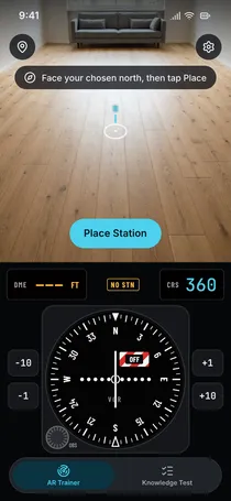 Placing the station in Radial AR: a living room floor with the prompt face your chosen north, then tap Place