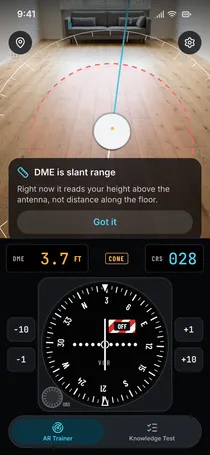 Radial AR overhead the station: the receiver shows CONE, the flag OFF and DME 3.7 feet, with a note that DME is slant range