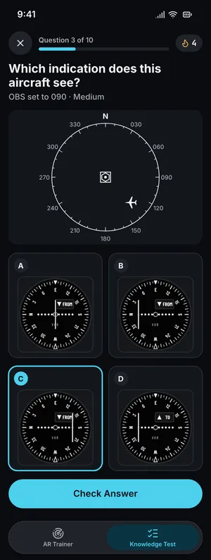 Knowledge test question: pick the VOR indication that matches the aircraft on the map