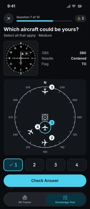 Knowledge test question: pick which numbered aircraft matches the VOR indication