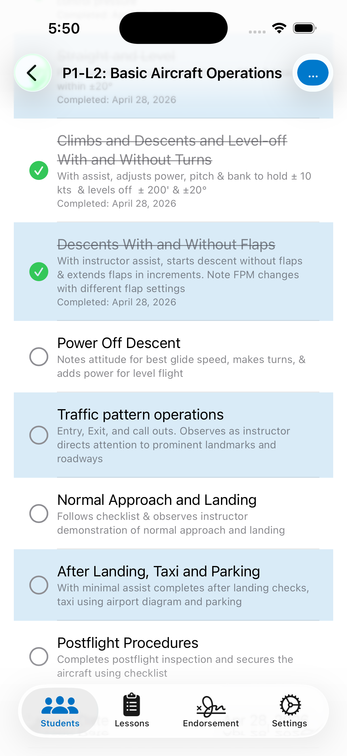 ACS checklist showing training progress
