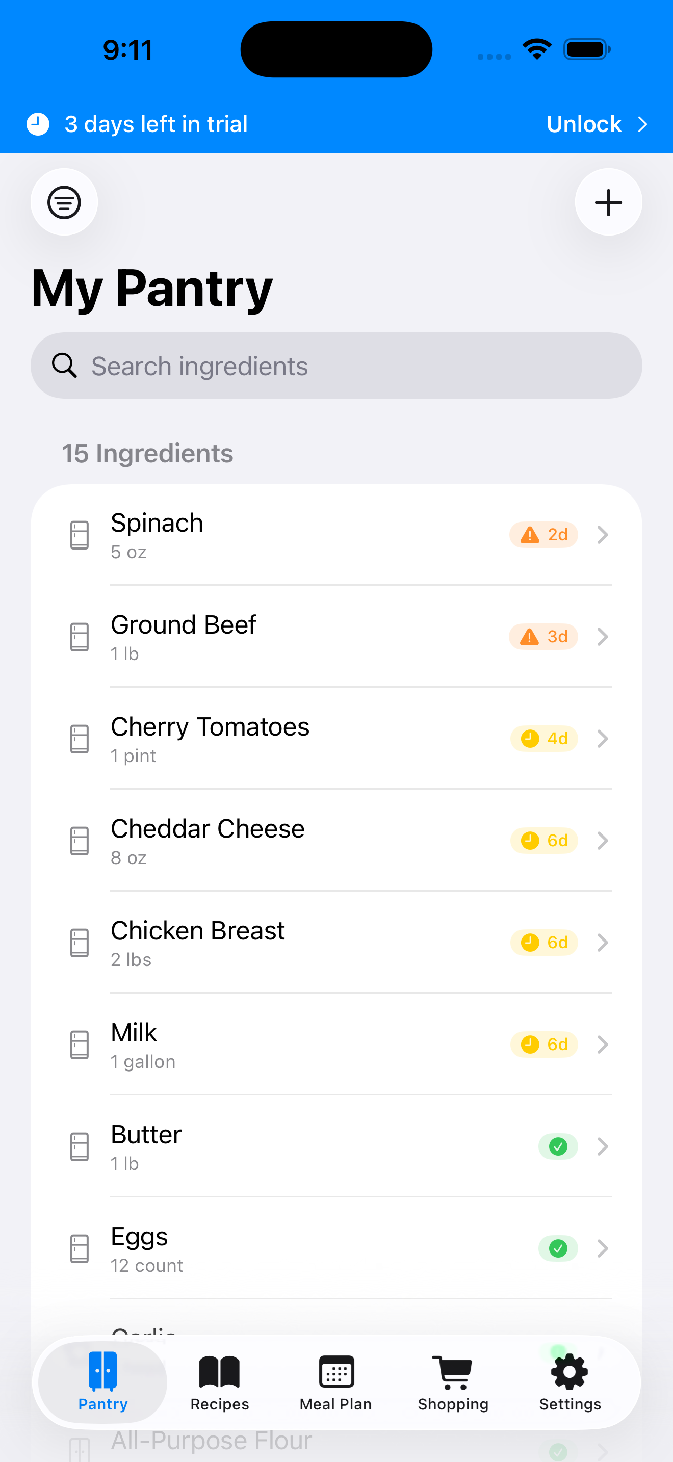 Stock Up pantry view showing tracked ingredients with freshness indicators