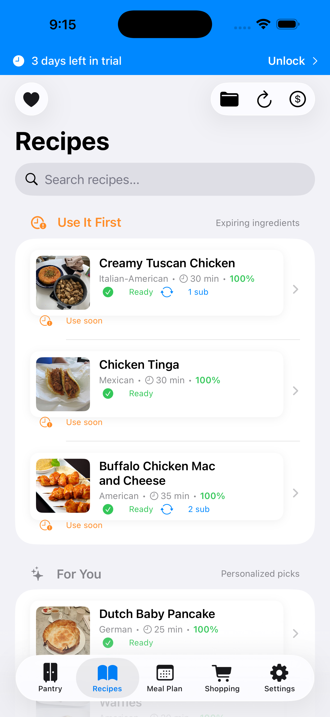 Recipe discovery showing matched recipes you can make now